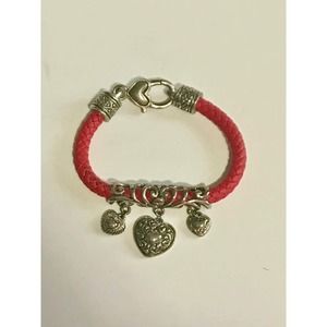 Vintage Red Rope Bracelet Silver Heart Charms Ornate Detail‎ Valentines Day
